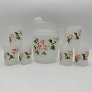 Vintage Hazel-Atlas Dogwood 40 oz Frosted Glass Pitcher and 6 Frosted 4 oz Cups